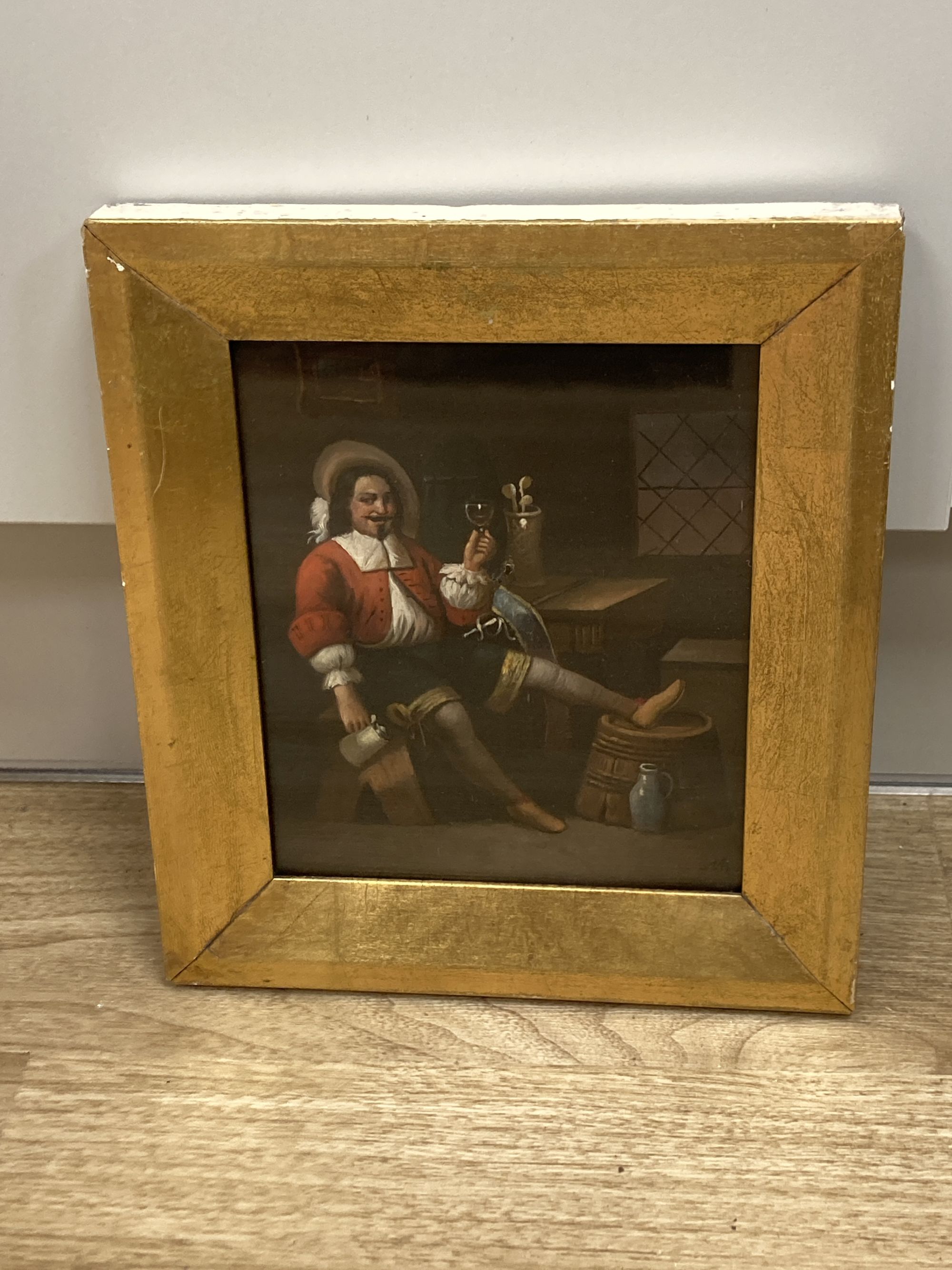 19th century German School, oil on zinc, 17th century tavern scene, 19 x 16cm